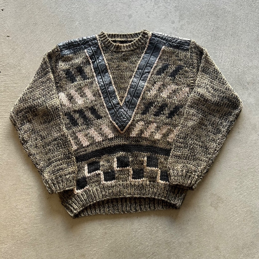 Vintage 90s Street Scenes Geometric Sweater Size Large Brown Pullover Acrylic